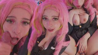 Mitsuri kanroji cosplayben kamázza a fasznak a lyukait és nagy arconlövellést kap